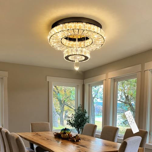 Crystal Chandelier Modern Dimmable LED Crystal Ceiling Light Ring Flush Mount Ceiling Light Fixtures with Remote Control for Living Room Dining Room Bedroom Entryway