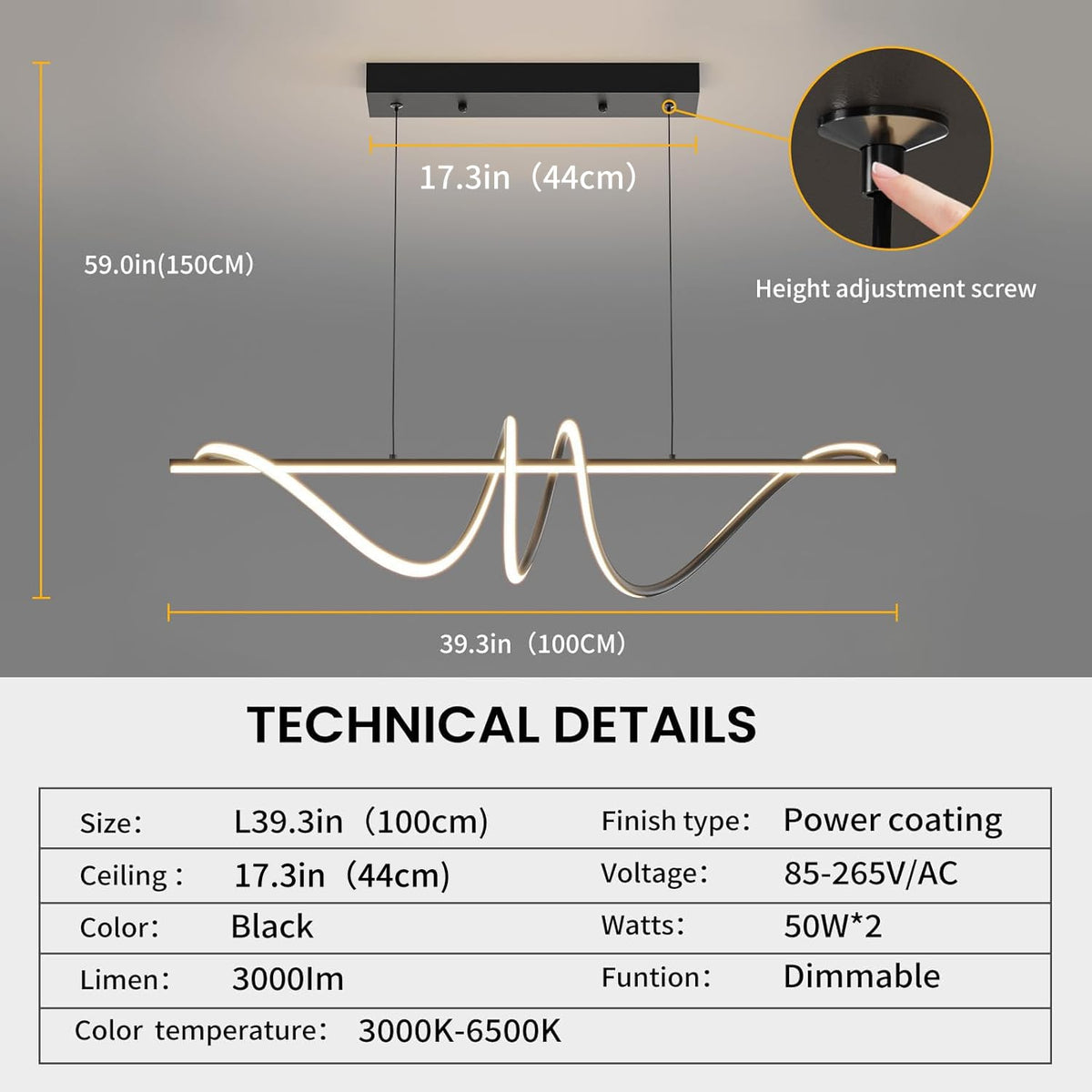 Modern LED Chandelier Light (A-Black / 39in)
