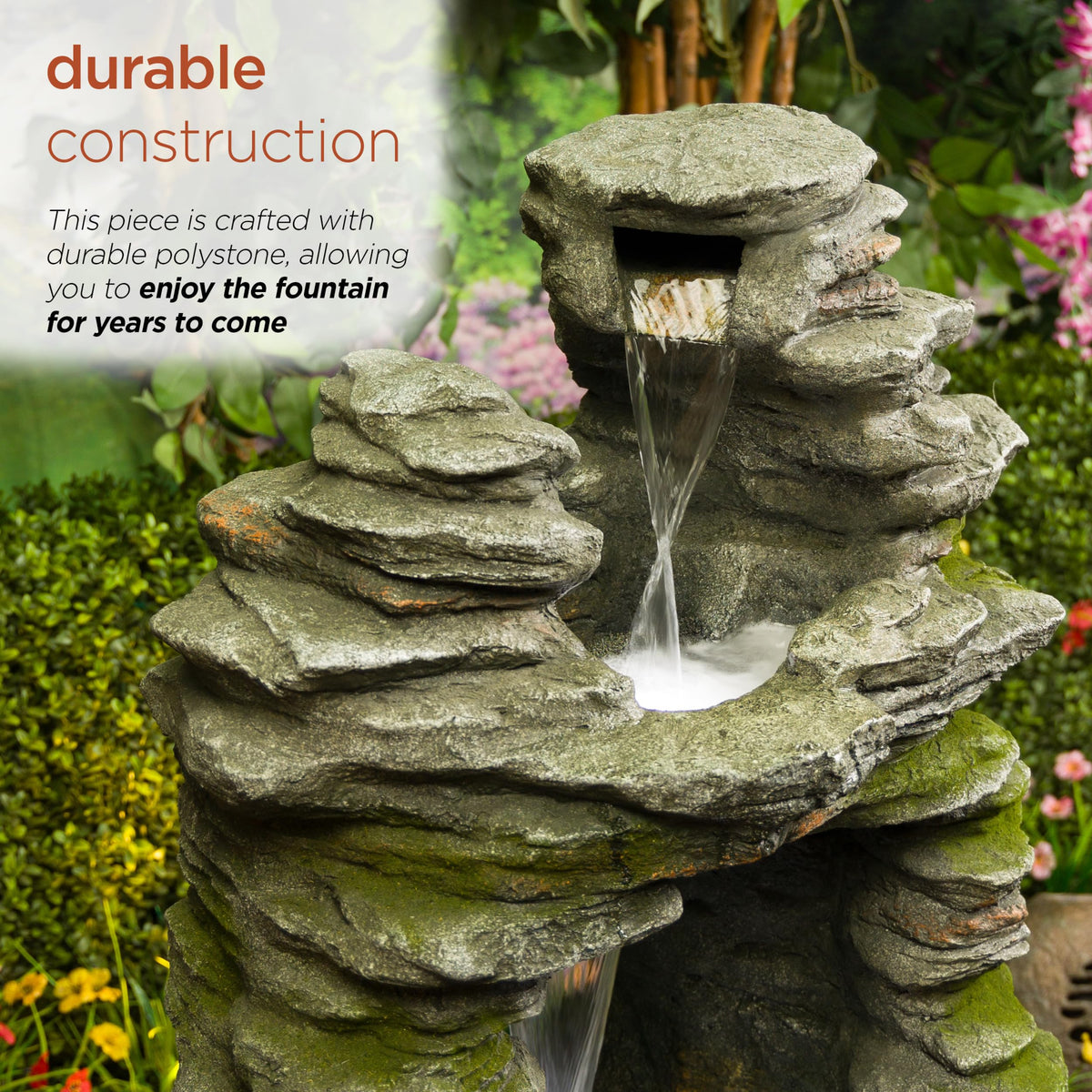 WIN1648 39" Stacked Stone Rainforest Fountain with Cool White LED Lights (39"h - 3 Cool White Leds)