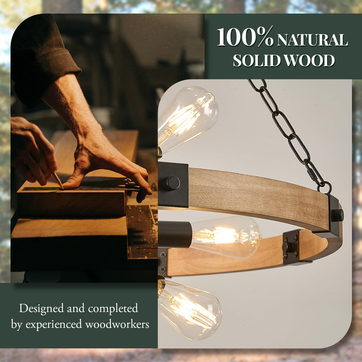 Farmhouse Wagon Wheel Chandelier 31" Wooden Chandelier Light Fixture (Oak / 31.5 inch 9-Light)