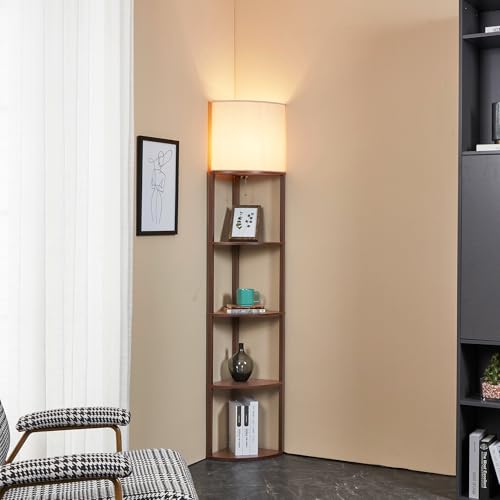 Corner Floor Lamp with Shelves (Brown)