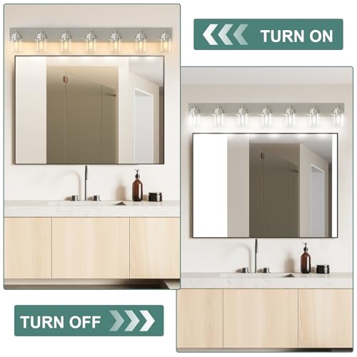 Bathroom Vanity Light Fixture (Nickel-Clear Glass Shade / 52 inch-7-Light)