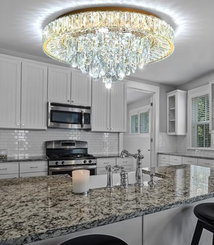 23.6" Modern Crystal Chandeliers LED Dimmable Flush Mount Ceiling Chandeliers for Living Room Entrance Foyer Bedroom Gold (Gold / 23.6" Width)