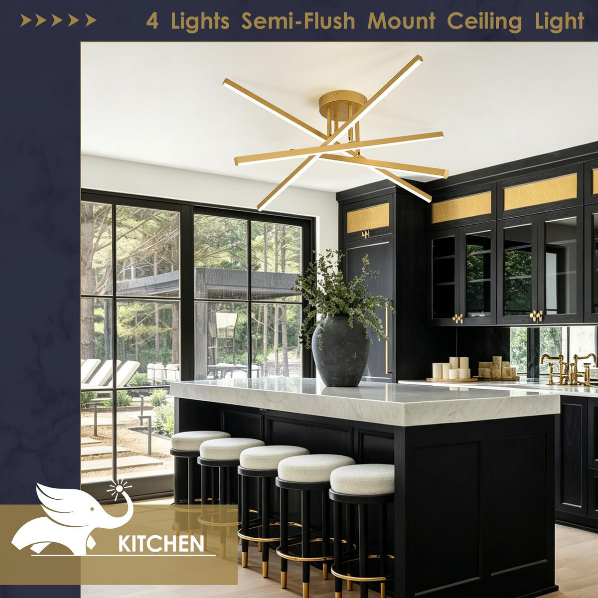 Gold Semi flush Mount Ceiling Light 31.5" LED Chandelier for Living Room (Gold-A / 4 Lights - Remote Control - 31.5")
