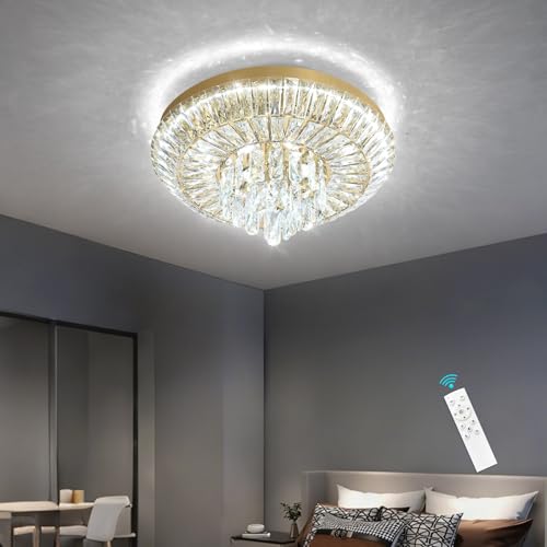 Crystal Chandelier 40W Modern Round Ceiling Light Fixture LED Raindrop Chandeliers Dimmable with Remote for Dining Room Living Room Entryway Hallway Bedroom Gold (Gold / W20")