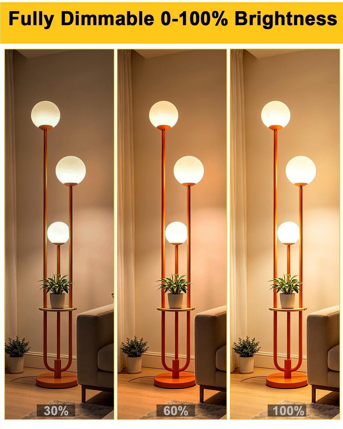 Dimmable 3 Light Globe Floor Lamp with Storage Shelf (Orange-3UE)