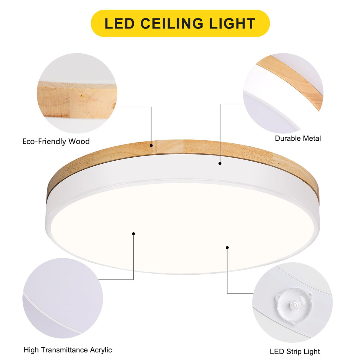 Modern Wood White Flush Mount Ceiling Light 15.75 Inch (White- Non-dimmable / 15.74 Inch)