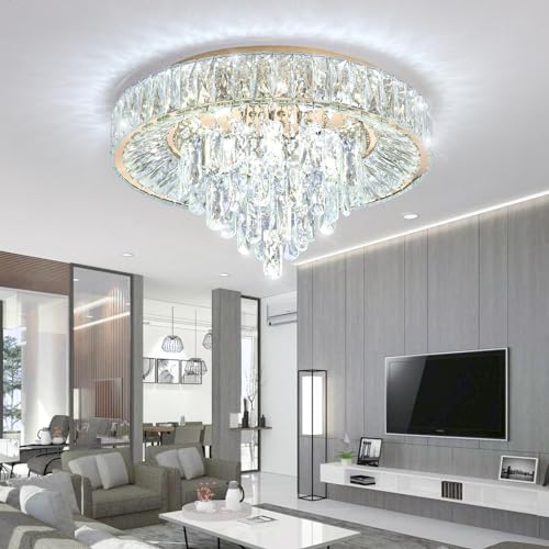 Modern Crystal Chandeliers for Dining Room LED Light Fixture Close to Ceiling Chandelier Flush Mount Ceiling Light Dimmable Lamp with Remote for Living Room Bedroom Hallway (Gold / 19.7" Width)
