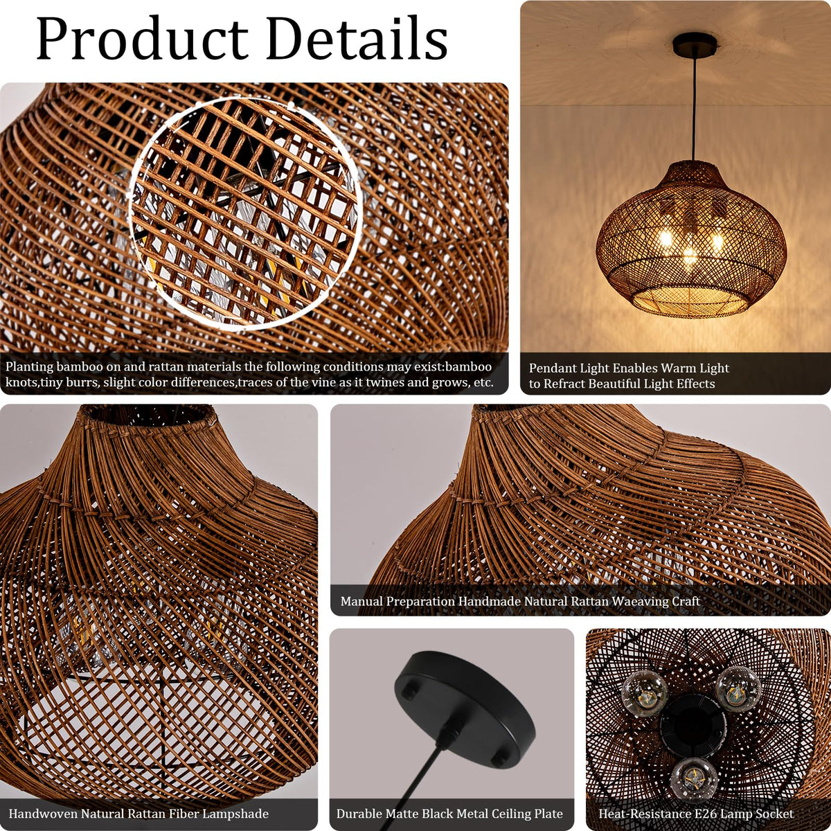 18.9" Rattan Pendant Light (Brown / 18.9" 3-Light)