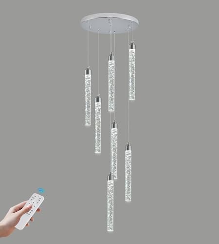 7 Lights High Ceiling Crystal Staircase Chandelier Chrome Pendant Lights Modern Spiral Raindrop Dimmable LED Bubble Cluster Ceiling Hanging Lighting Fixture for Foyer Living Room Remote Control (Chrome / 7 lights)