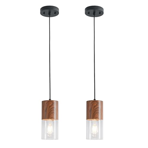 2 Pack Modern Pendant Lights for Kitchen Island (Brown Wood Grain & Transparent—Cord / 2 Pack)