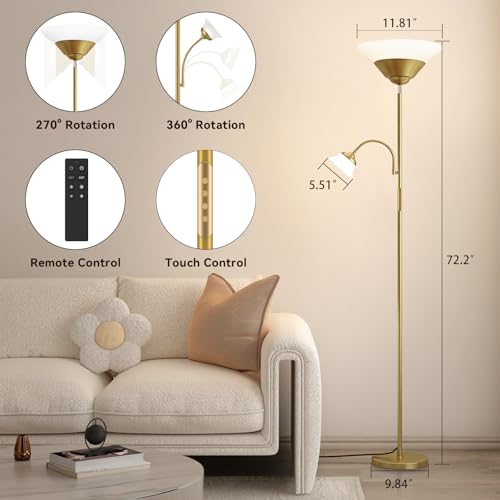 2-in-1 Torchiere Floor Lamp, 34W Super Bright LED Standing Lamp with Remote & Touch Control, 72" Dimmable Adjustable Corner Reading Lamp for Living Room, Bedroom, Office, Gold (Gold)