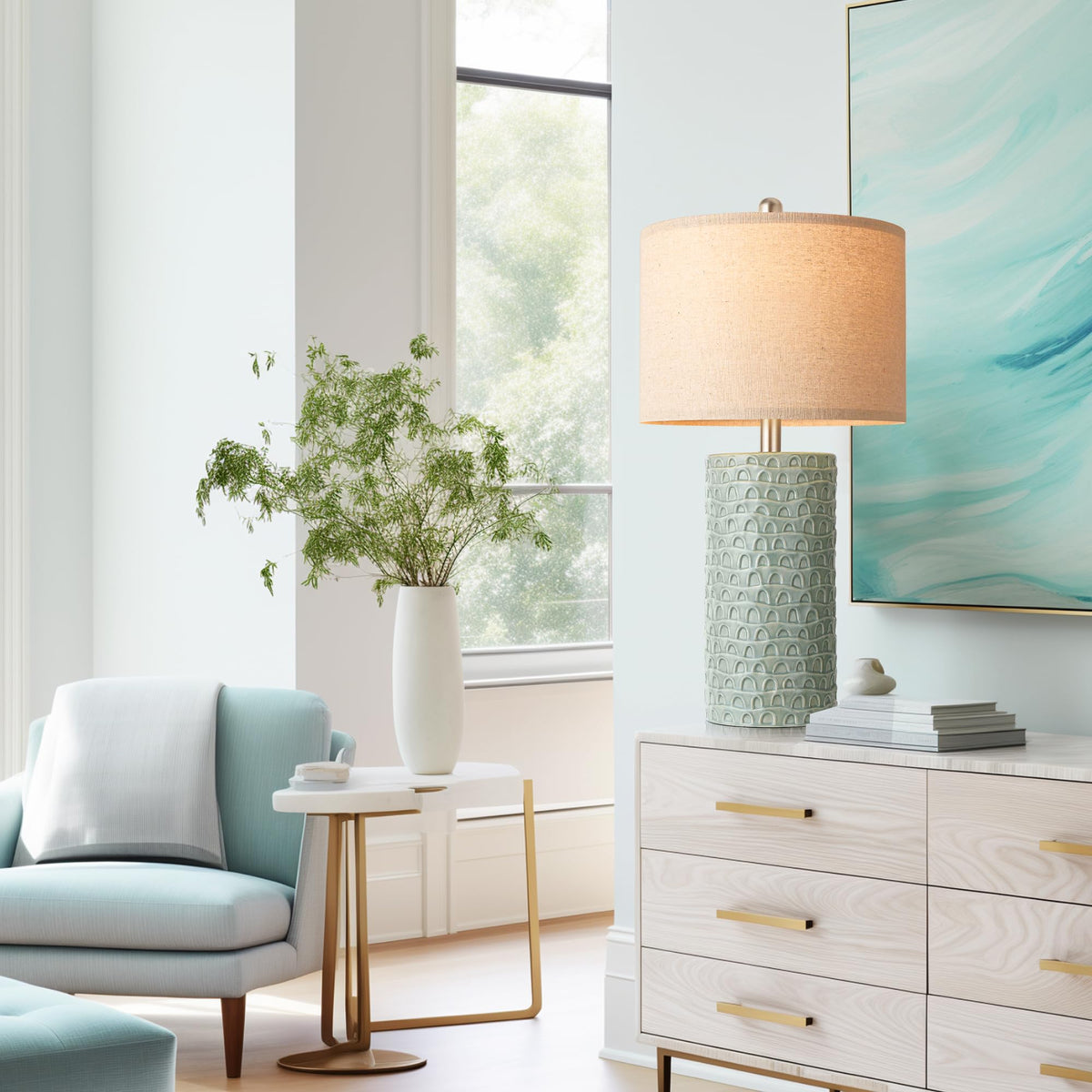 23" Modern Ceramic Table Lamp Set of 2 (Light Green)