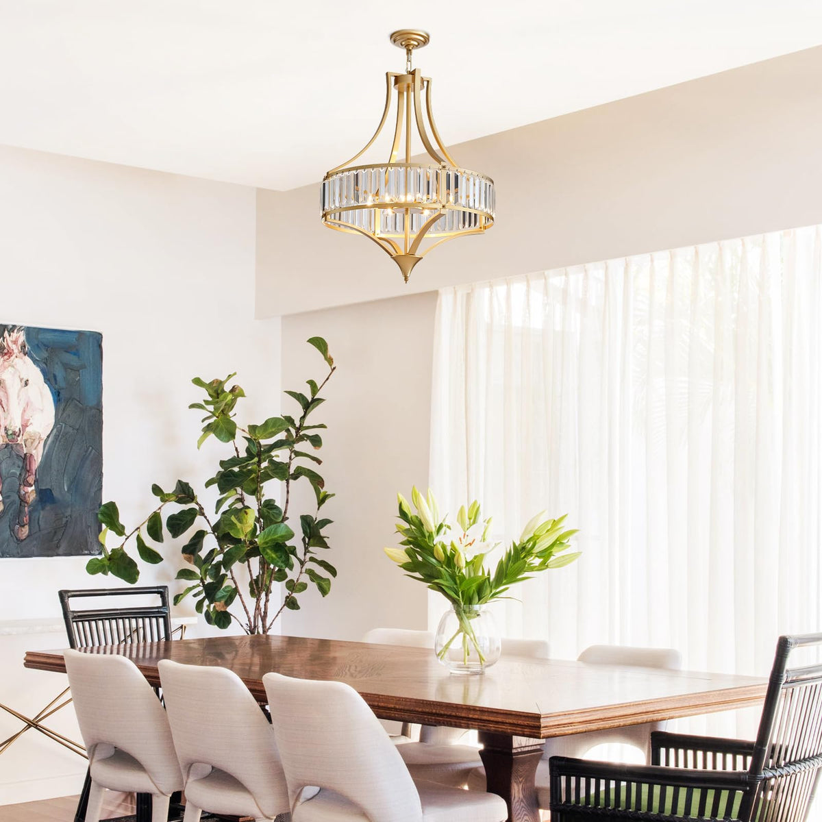 Crystal Chandeliers for Dining Room 21.6" Rustic Farmhouse Chandelier with Round Metal Shade 6 (21.6"-Gold)