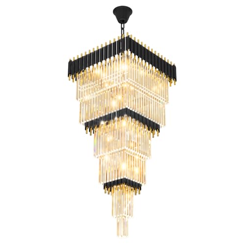 Modern Black and Gold Crystal Chandelier Large Foyer Chandelier for High Ceiling Long Entryway Chandeliers Adjustable Chain for Hall Living Room Entrance Staircase W24 x H80 17 Lights (D24"XH80" Black)
