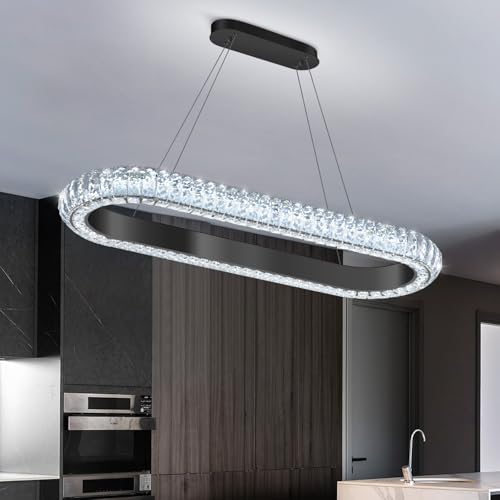 32'' Oval Ring Crystal Chandelier Modern LED Dimmable Ring Pendant Light Chandelier for Dining Room Living Room Black (Black / 1 Ring Oval 32")