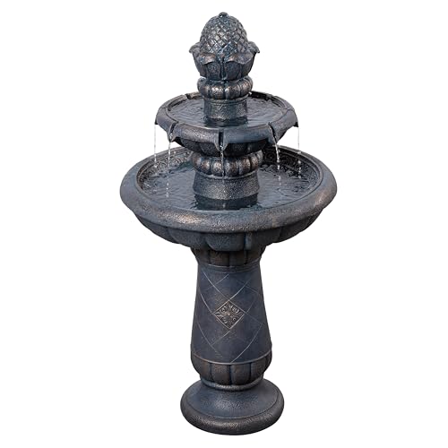 Deluxe Pineapple Pedestal 2 Tiered Floor Waterfall Fountain with Pump for Outdoor Patio Garden Backyard Decking