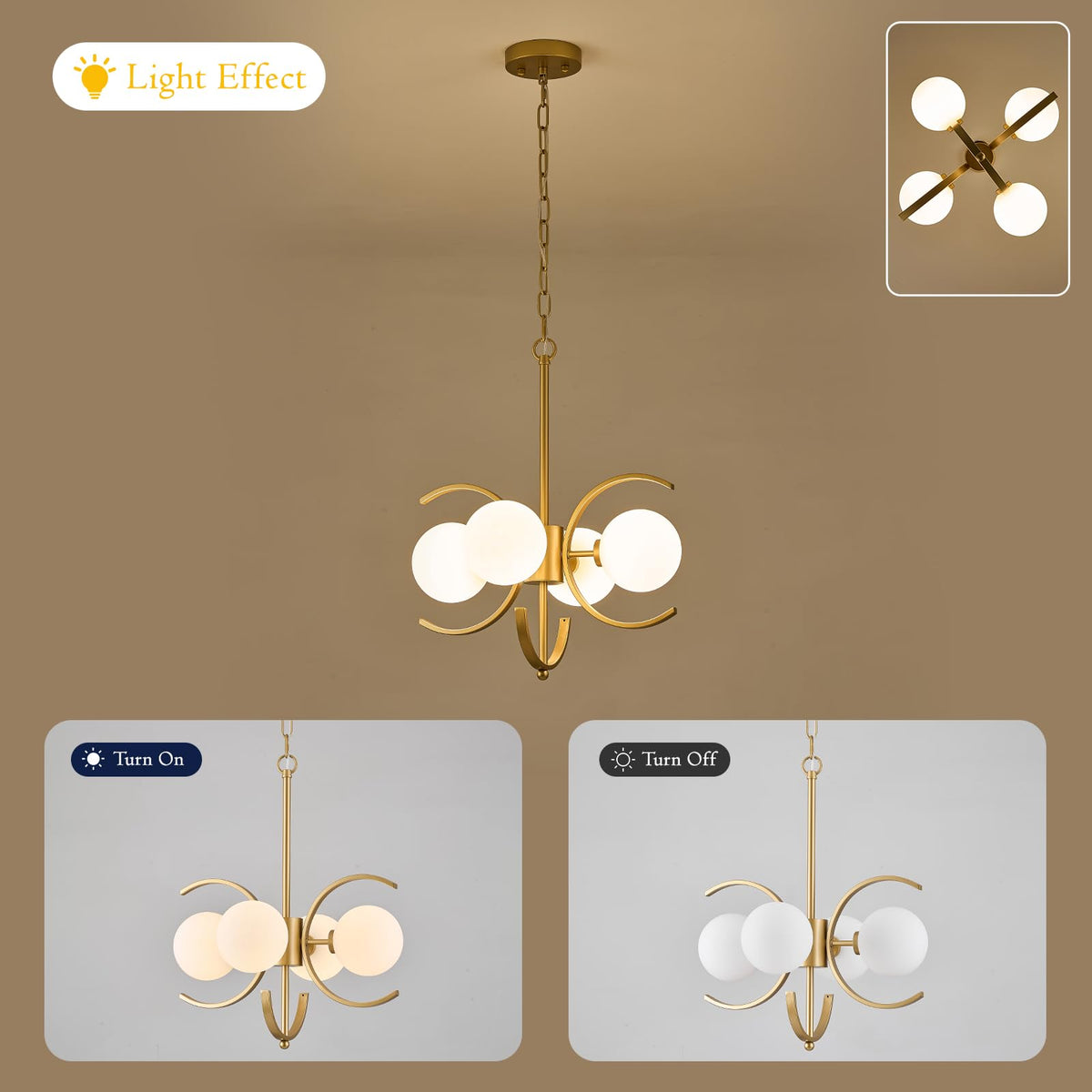 Gold Sputnik Chandelier with Milk Glass Globe 4 Lights L16.5 Inch (Gold milk glass / Small-16.5”)