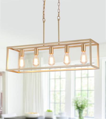 Gold Rectangle Kitchen Island Lights Rectangular Modern Industrial Chandelier for Dining Room 5 Lights Linear Vintage Cage Light Fixtures UL Listed (Gold)