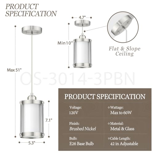 Brushed Nickel Pendant Lights Kitchen Island (Nickel + Milk Glass / 1-Light Pendant, 1 Pack)