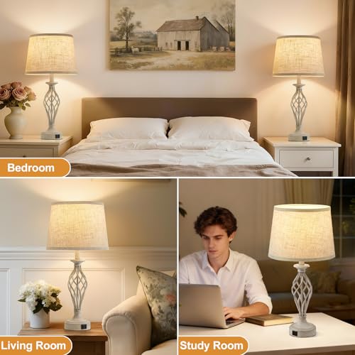 Table Lamp for Bedroom Set of 2 with USB C+A Ports (Light Grey Base + Beige Shade)