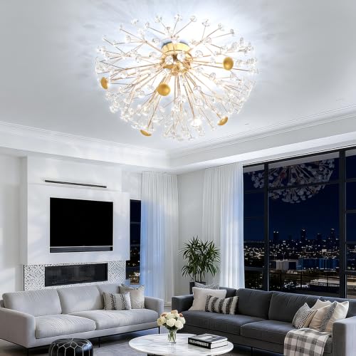 Crystal Sputnik Firework Chandelier LED Ceiling Chandelier for Bedroom Kitchen Island Hallway Entryway Crystal Firework Close to Ceiling Light (Gold Ceiling / Dia 24inches)