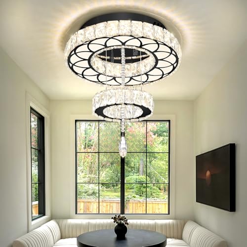 Dia 16" Black Modern Crystal Chandeliers Flush Mount Chandelier Dimmable LED Light Crystal Ceiling Light for Hallway Bedroom Living Room Dining Room (Black / W:16inches)