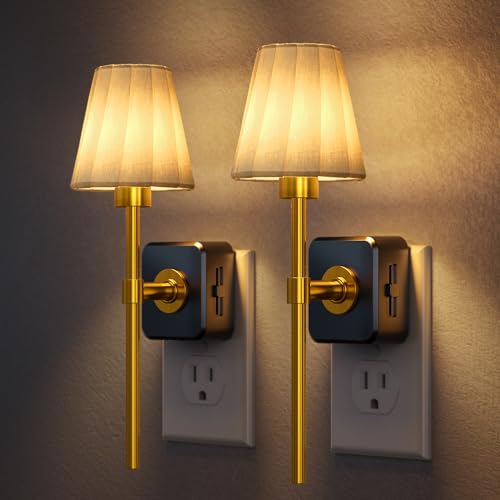 LED Night Lights Plug into Wall Vintage Pleated Fabric Cover (Gold / 2 Pack)