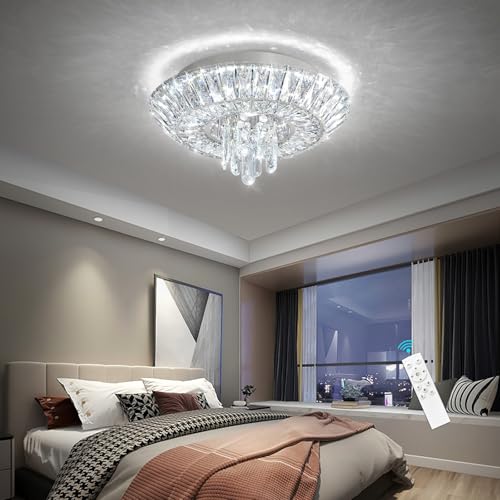 Crystal Chandelier 25W Modern Round Ceiling Light Fixture LED Raindrop Chandeliers Dimmable with Remote for Dining Room Living Room Entryway Hallway Bedroom Silver (Silver / W16")