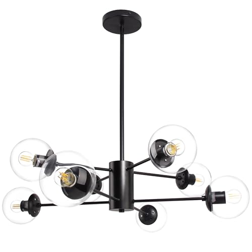 5 Light Globe Sputnik Chandelier Mid Century Sputnik Chandeliers Modern Black Globe Pendant Light Matte Black Finished with White Frosted Glass Lampshade for Dining Room Bedroom Kitchen