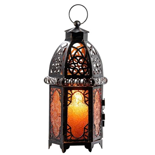 Vintage Large Size Decorative Ramadan Candle Lantern (Large / Amber - 12.8''h)