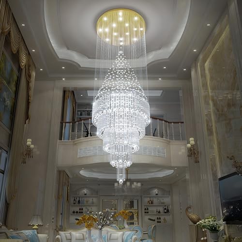 D40 x H110 Gold Raindrop Crystal Chandelier LED Dimmable Contemporary Chandelier Large Pendant Light for Entryway Stairway Foyer (Gold / D40"X H110")