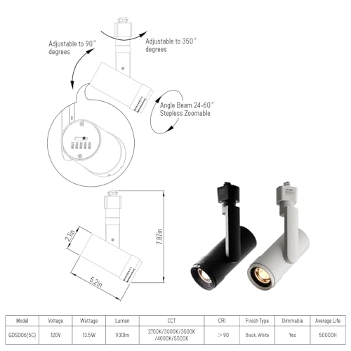 5 Color Zoomable LED Track Lighting Heads H (Black)