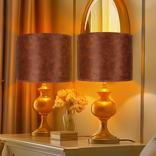 Large Lampshades Set of 2 Drum Lamp Shades 15" Top X 15" Bottom X 12" High (Imitation Brown Cowhide)