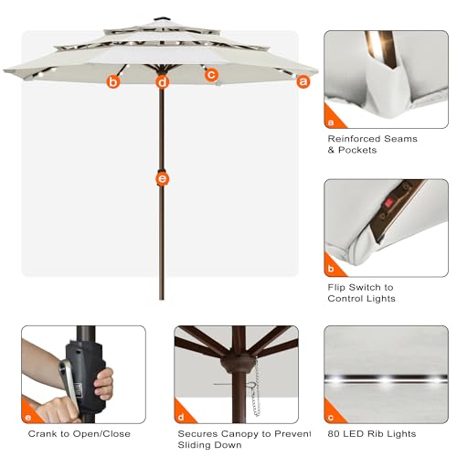 USA 10-Year-Non-Fading 10ft 3-Tier Market Patio Umbrella, Commercial Table Umbrella with 80 Solar LED Lights, Crank Open, Windproof & UPF 50+ UV Protection for Garden, Deck, Pool, Backyard, No Tilt, White (White / 10FT(Triple Vents No Tilt))
