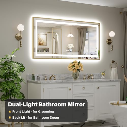 60x30 Inch LED Bathroom Mirror with Gold Frame (Backlit+front Lit With Gold Frame / 60"L x 30"W)