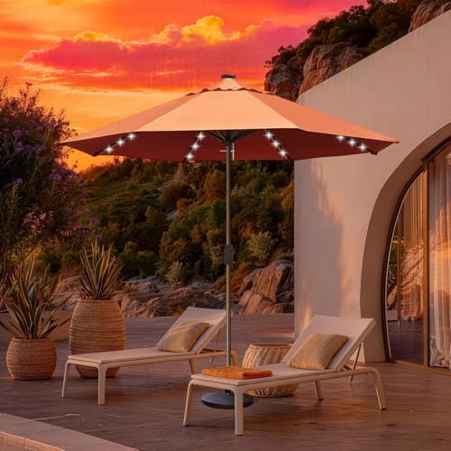 USA 10-Year-Non-Fading 10ft Market Patio Umbrella, Commercial Grade Table Sun Umbrella with 80 Solar LED Lights, Crank Open, Windproof & UPF 50+ UV Protection for Garden, Deck, Pool, Backyard, No Tilt, Rust (Rust / 10FT(Single Vent No Tilt))