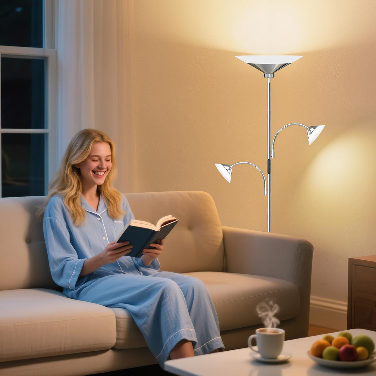 42W 3 Light Torchiere Floor Lamp (Metal Silver)