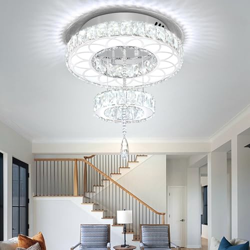 16inch Modern Mini Crystal Chandelier for Hallway LED Crystal Ring Chandeliers Dimmable Flush Mount Ceiling Light for Dining Room Living Room Bedroom (Silver / W:16inches)