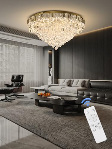 40in Modern LED Gold Chandelier for Living Room Round Crystal Ceiling Light Fixtures Flush Mount Chandeliers Ceiling Chandelier for Foyer Hallway Dining Room (Gold / 40inch)