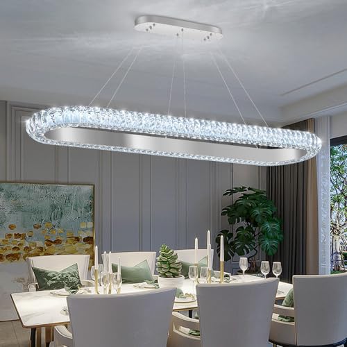 47'' Oval Ring Crystal Chandelier Modern LED Dimmable Ring Pendant Light Chandelier for Dining Room Living Room Silver (Silver / 1 Ring Oval 47")