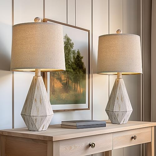 20.25" Rustic Table Lamp Set of 2 for Bedroom Living Room Vintage Retro Traditional Nightstand Bedside Lamps Kids Room Study Room Office with Linen Shade (Small - Washed White)