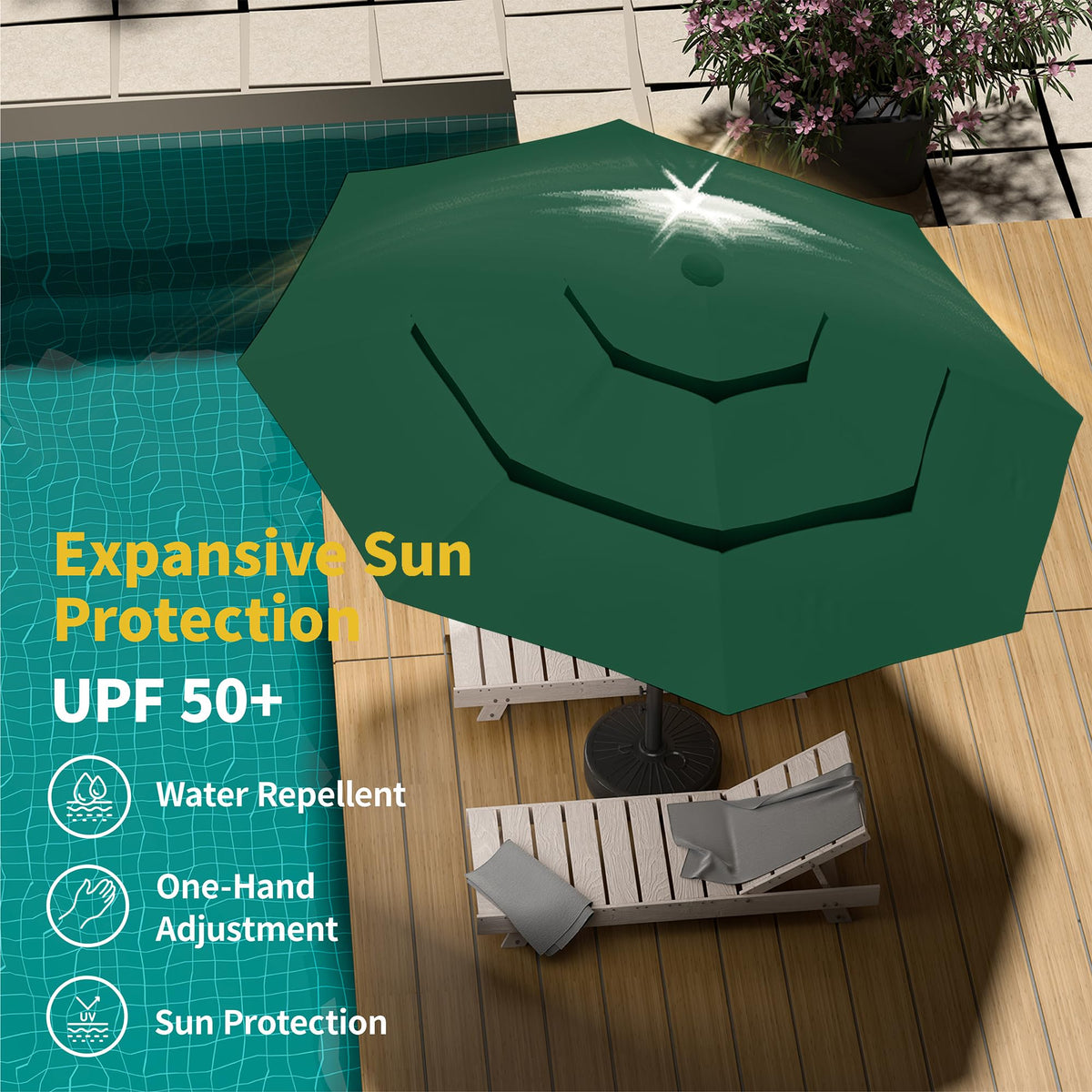 9ft 3 Tier Patio Umbrella with Solar Lights (Dark green / 9 FT)
