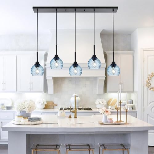 5 Light Island Lighting Fixtures Hanging with Blue Striped Swirl Globe Glass (Blue / 5-Light-Straight Bar)