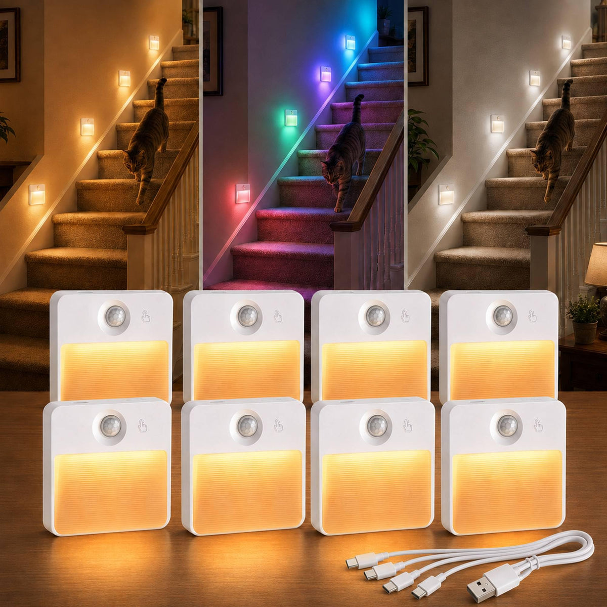 8 Pack Rechargeable Stair Lights for Indoor (8 Pack / White)
