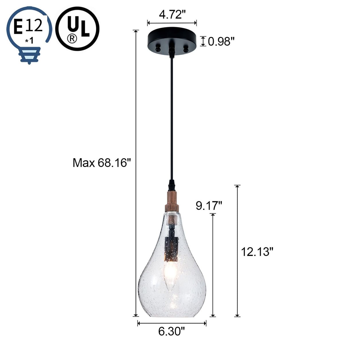 Farmhouse Wood Bubble Seeded Glass Pendant Light Adjustable Industrial Pendant Lighting Fixtures for Kitchen Island Dining Room Bedroom Entryway Sink (Wood-Seeded)