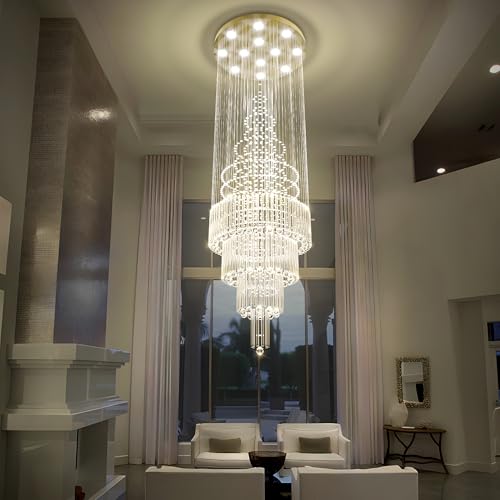 D32''X H110'' Large Crystal Chandeliers for High Ceiling Modern Gold Raindrop Chandelier Stairway Chandelier Crystal Flush Mount Ceiling Light for Living Room Staircaes Foyer (Gold / D32"X H110")