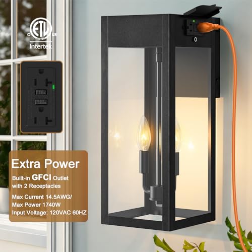 2 Pack 17.87" Porch Lights with GFCI Outlet (2pack 17.87" Black(With outlet) / No Sensor, Large)