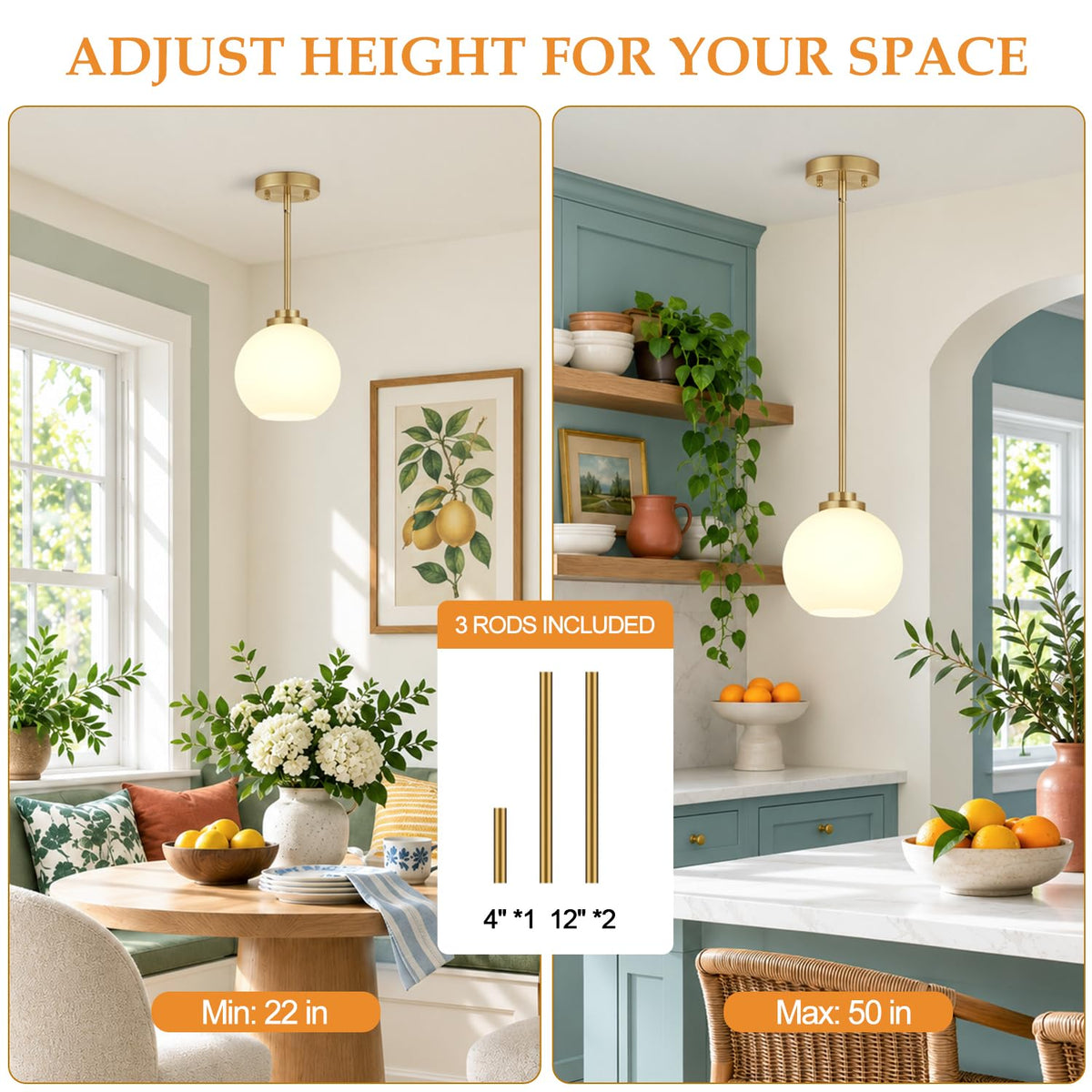 2 Pack Modern Globe Pendant Lights Kitchen Island Milk Glass (Brushed Gold + Milky White Glass 2 Pack)