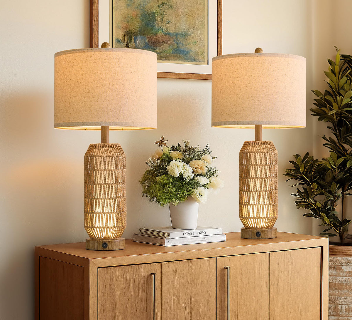 25" Table Lamps Set of 2 with Night Light (Wood-Grain)